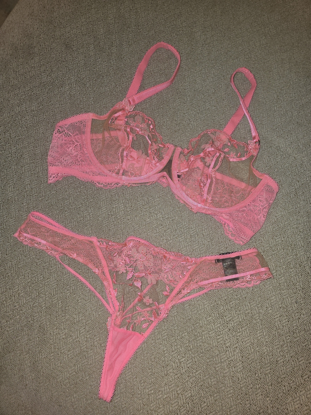 Honey Birdette Neon Pink Sheer Lace Underwire Bra & Thong Set